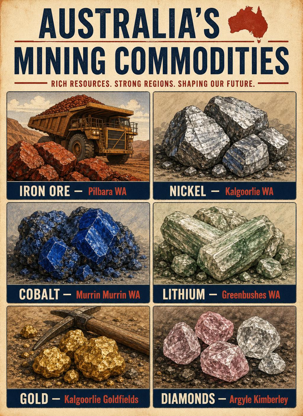 Illustrated guide to Australian mining commodities — Iron Ore (Pilbara), Nickel (Kalgoorlie), Cobalt (Murrin Murrin), Lithium (Greenbushes), Gold (Kalgoorlie Goldfields) and Diamonds (Argyle Kimberley) — Image created by www.australian-mining-jobs.com