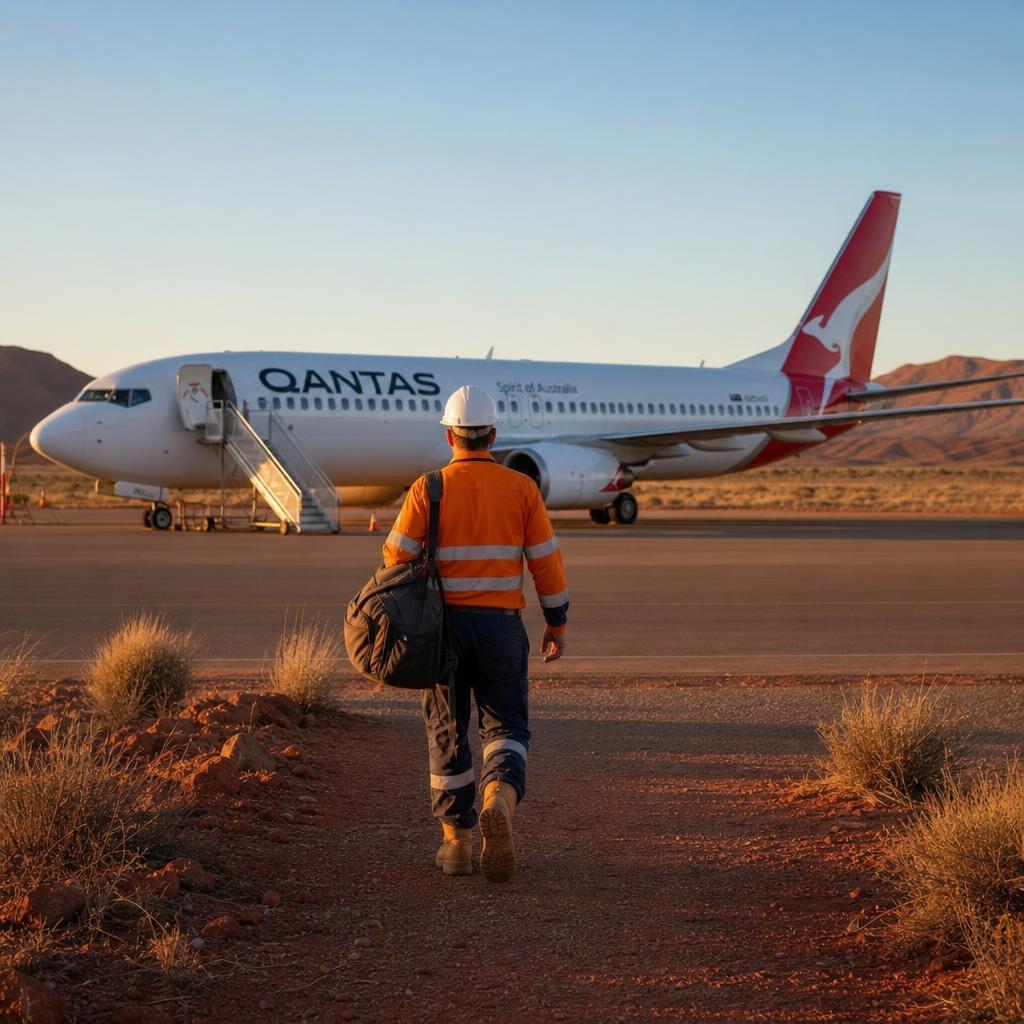 FIFO mine worker in hi-vis walking toward a QANTAS jet on a remote Pilbara tarmac at golden hour — Image created by www.australian-mining-jobs.com